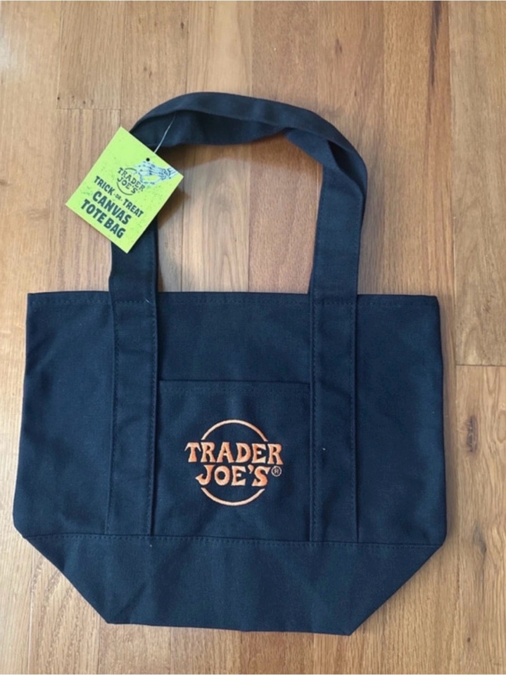 Trader Joe’s Black Canvas Mini Tote Bag with Orange Log